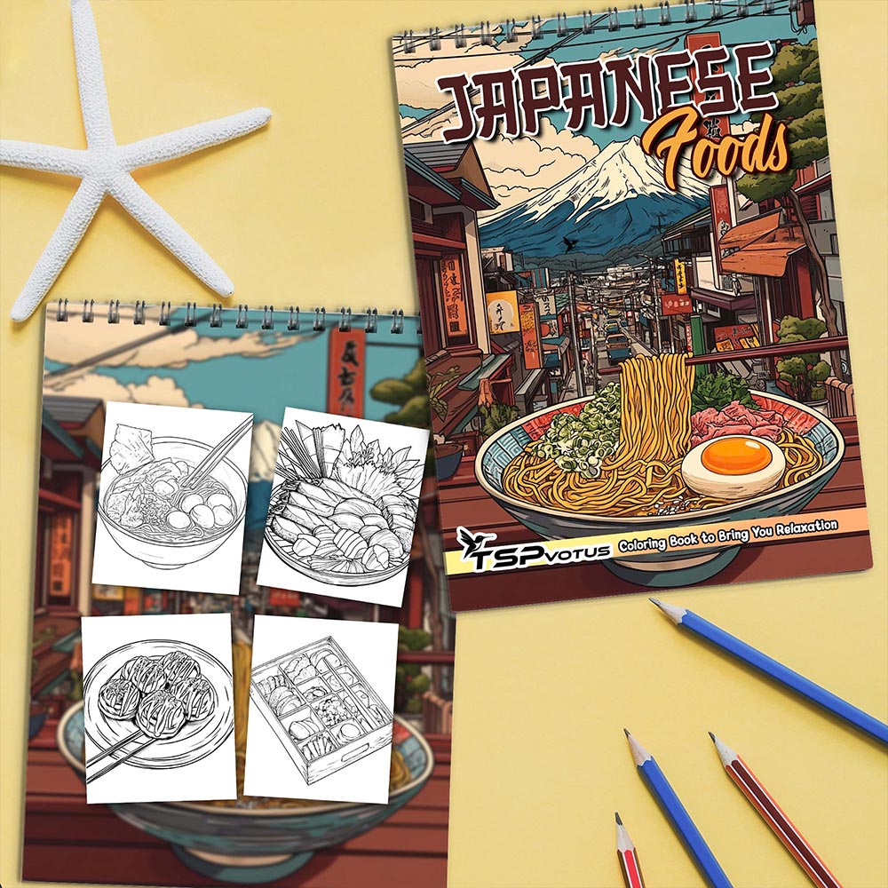 TSPVOTUS Japanese Foods Coloring Book Spiral Bound for Adult
