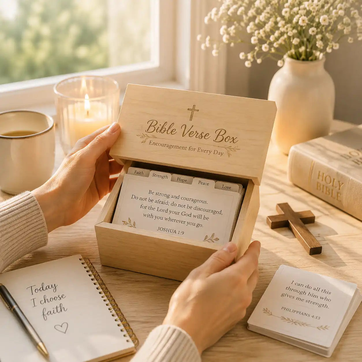A Bible Verse Box faith gift displayed in soft morning light, with hands opening the box to reveal inspirational scripture cards and messages of encouragement