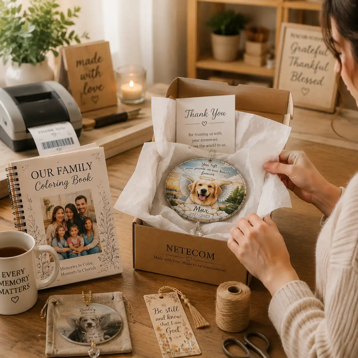 A handcrafted personalized gift being prepared and packaged for delivery