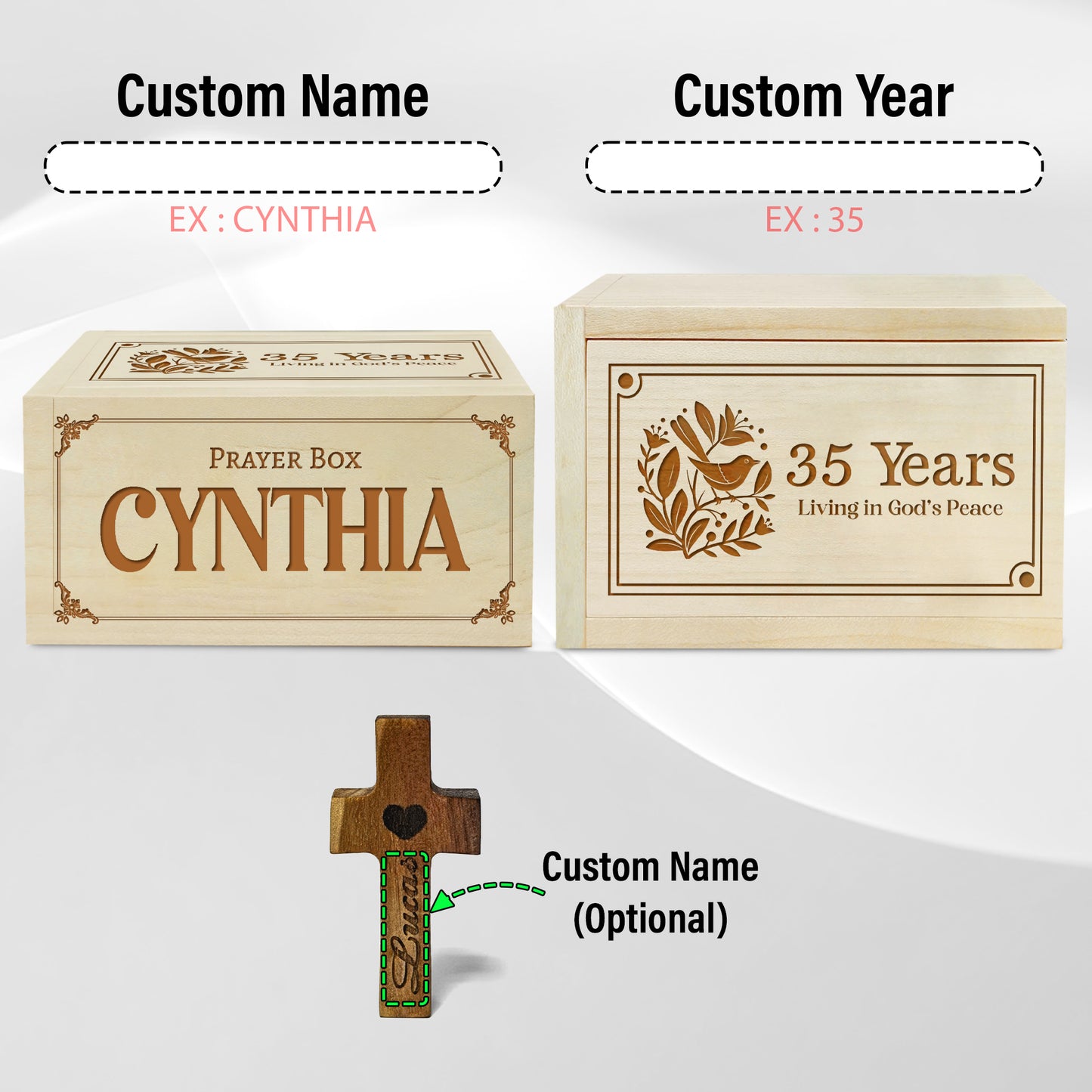 Netecom Personalized 35th Birthday Prayer Box with Custom Name & Year, Wooden Cross and 100 Prayer Request Cards, Christian Faith Gift