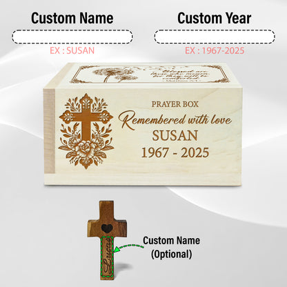 Netecom Personalized Memorial Prayer Box with 100 Prayer Request Cards & Handheld Cross – Custom Name and Years, Wooden Remembrance Keepsake, Forever in Our Hearts