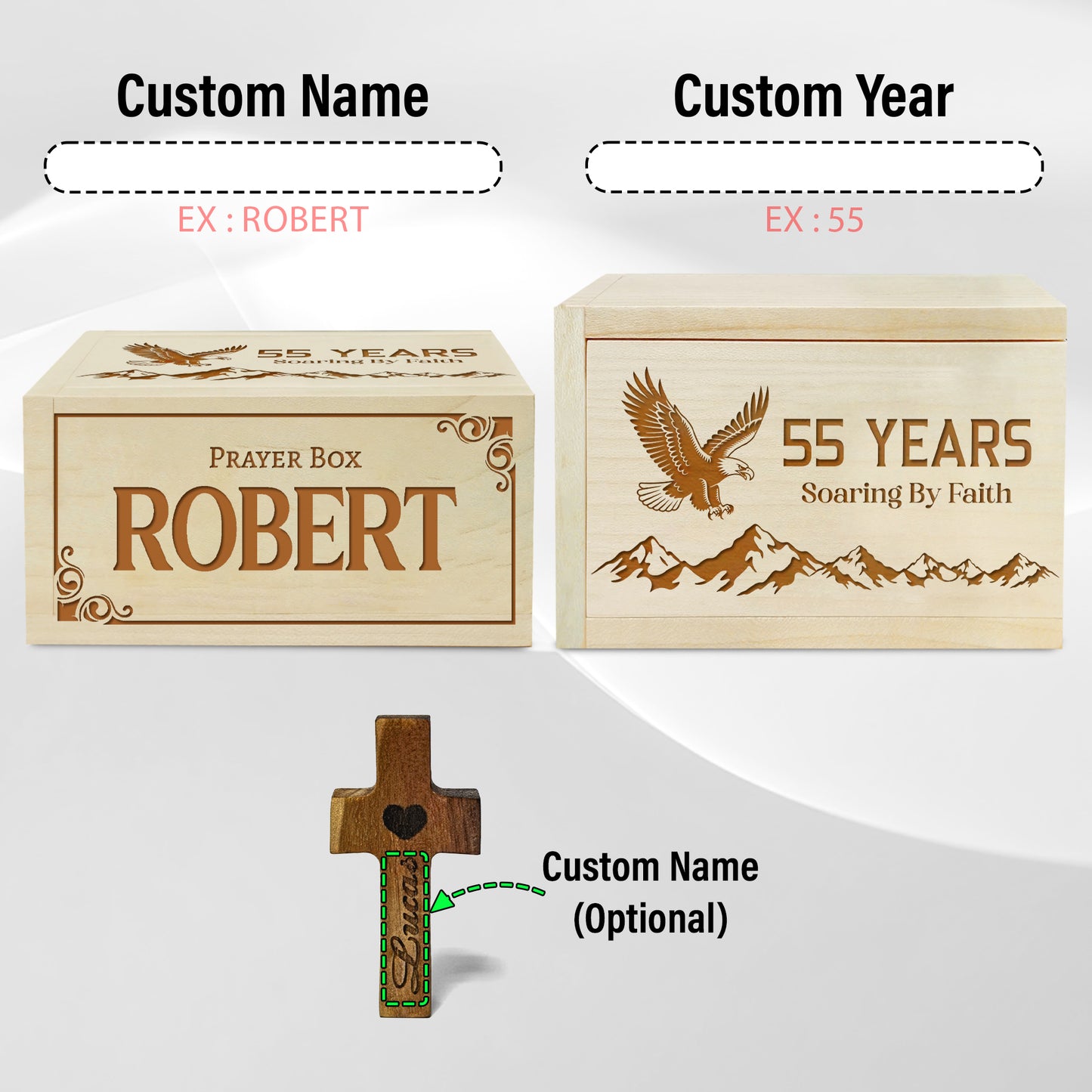 Netecom Personalized Birthday Prayer Box 55 Years with Custom Name, Christian Faith Gift with Wooden Cross & 100 Prayer Request Cards, Meaningful 55th Birthday Gift