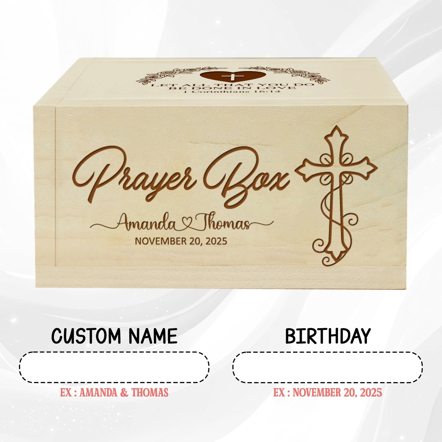 Netecom Personalized Couple Prayer Box for Valentine’s Day with 100 Prayer Request Cards & Wooden Cross – Custom Names and Anniversary Date Christian Gift