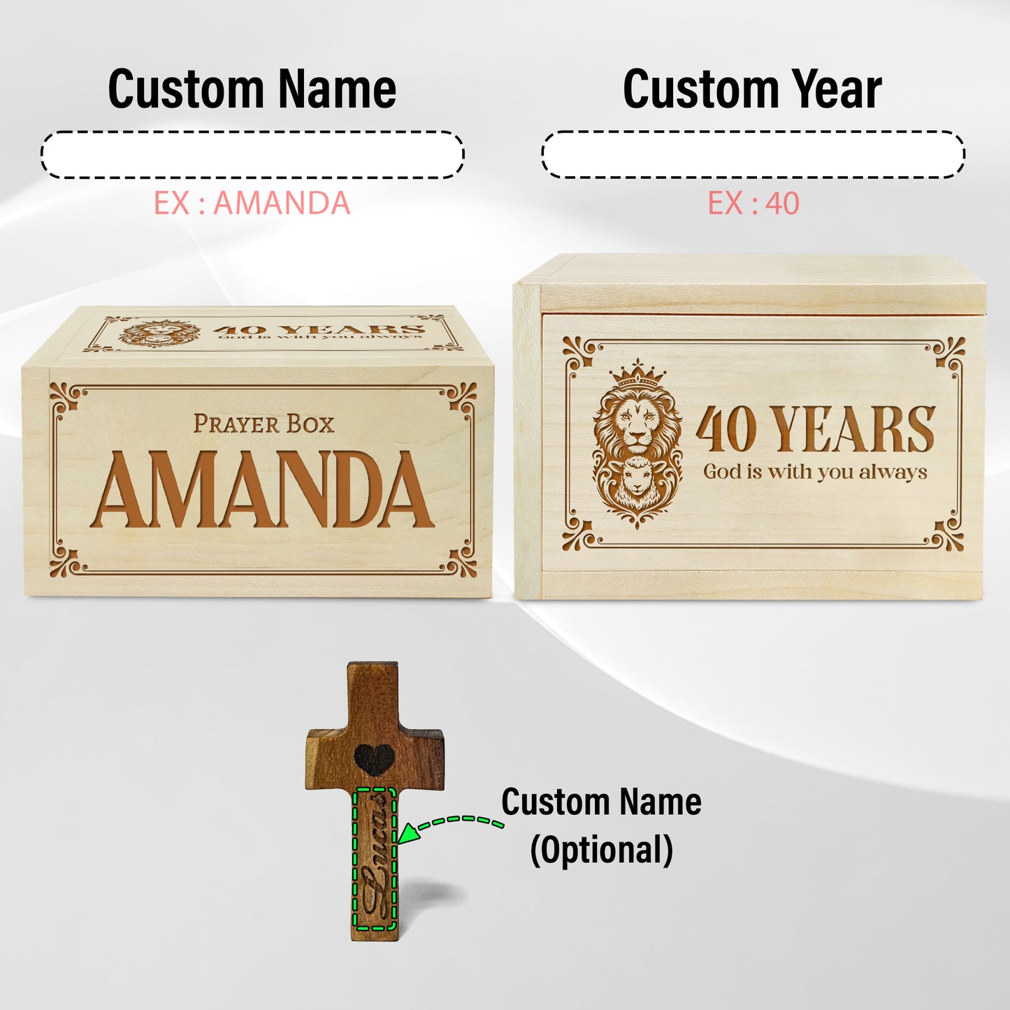 Netecom Personalized Birthday Prayer Box 40 Years with Custom Name, Christian Faith Gift with Wooden Cross & 100 Prayer Request Cards, Meaningful 40th Birthday Gift