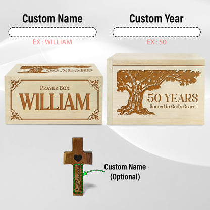 Netecom Personalized Birthday Prayer Box 50 Years with Custom Name, Christian Faith Gift with Wooden Cross & 100 Prayer Request Cards, Meaningful 50th Birthday Gift