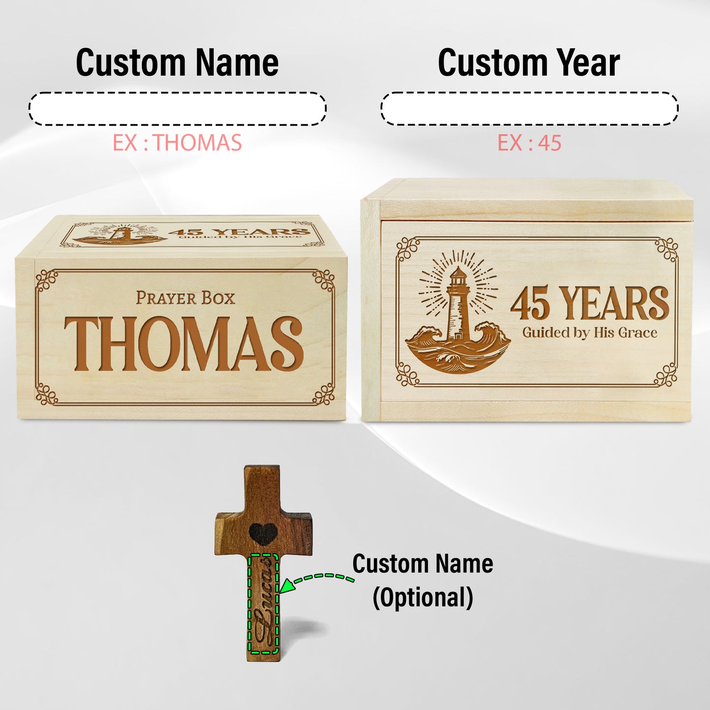 Netecom Personalized Birthday Prayer Box 45 Years with Custom Name, Christian Faith Gift with Wooden Cross & 100 Prayer Request Cards, Meaningful 45th Birthday Gift