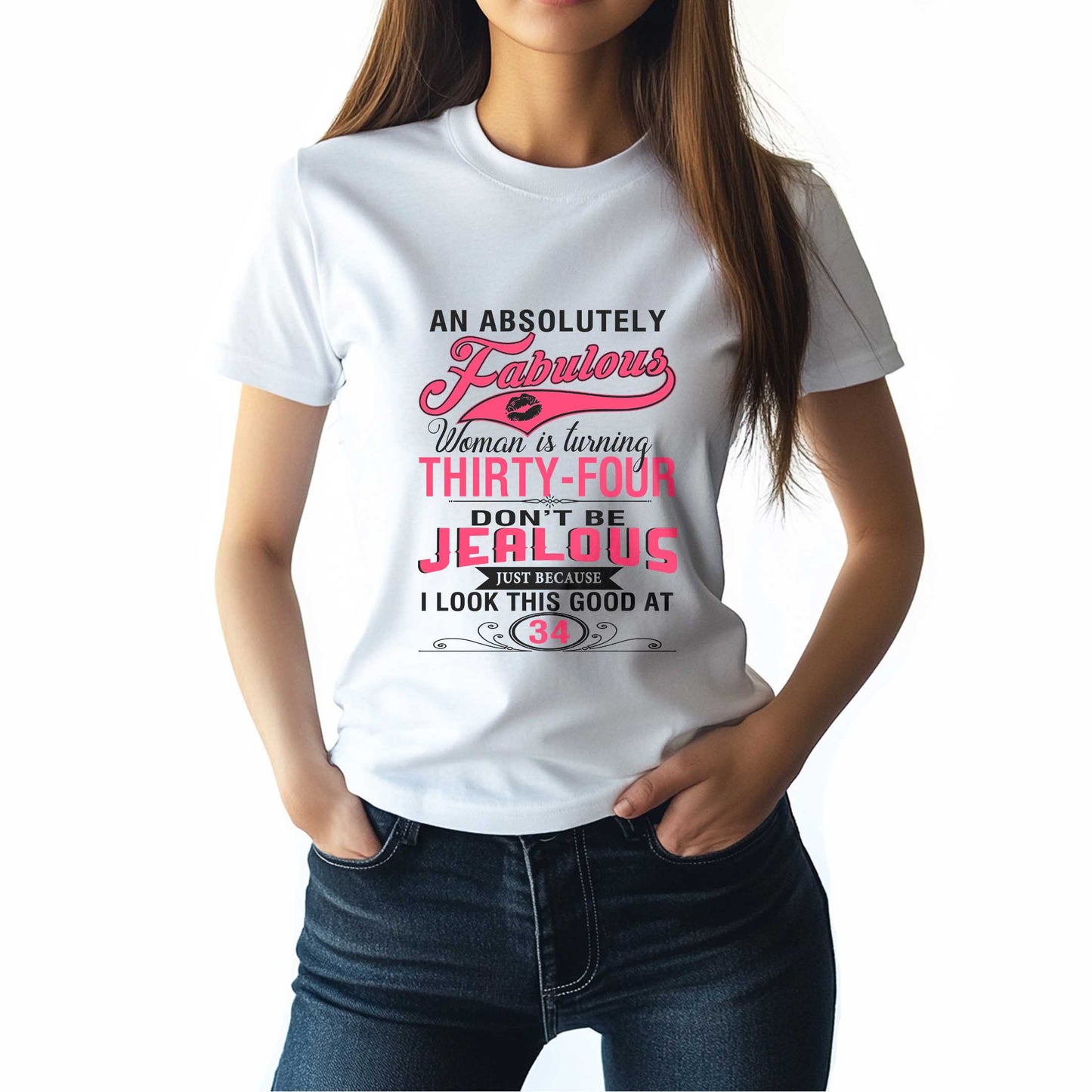Netecom An Absolutely Fabulous Woman is Turning 34 T-Shirt, Funny Birthday Shirt for Women, Trendy 34th Birthday Gift, Fabulous Graphic Tee