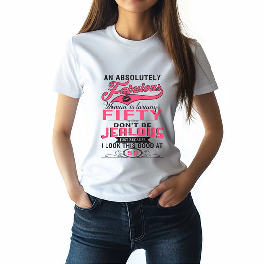 Netecom An Absolutely Fabulous Woman is Turning 50 T-Shirt, Funny Birthday Shirt for Women, Trendy 50th Birthday Gift, Fabulous Graphic Tee