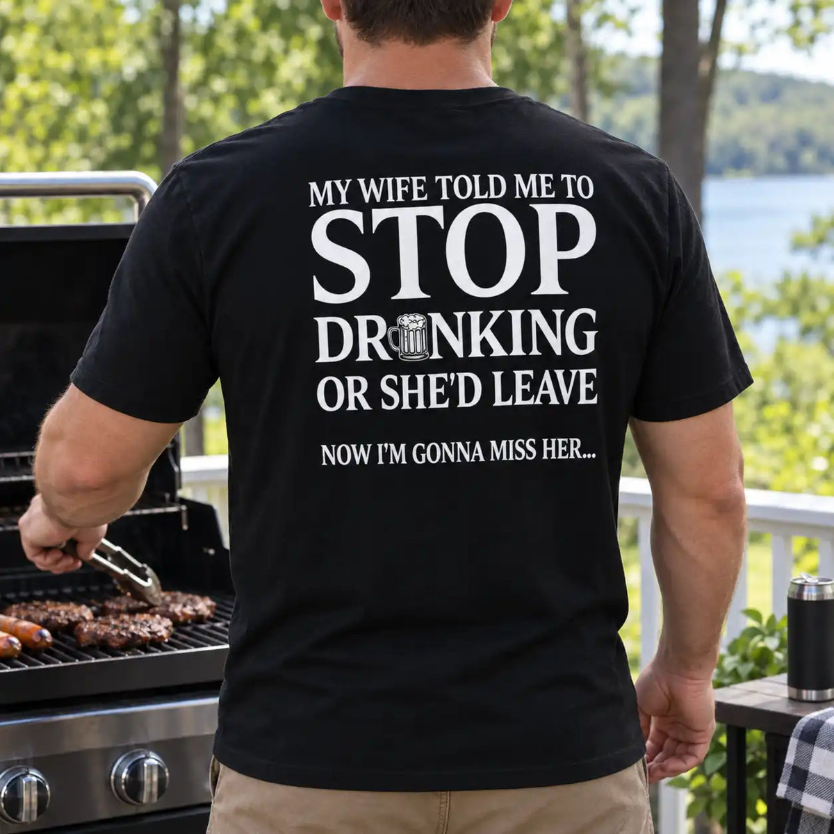 Black men's t-shirt with a funny beer joke quote about marriage and drinking.