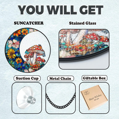 Netecom Woodland Mushroom Stained Glass Window Hanging, Floral Crescent Suncatcher, Gardening Gift, Forest Home Decor for Mom  Grandma