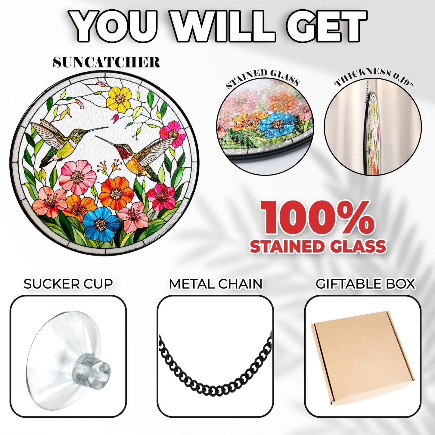 Netecom Hummingbirds Stained Glass Suncatcher – Bird Lover Window Hanging, Wildflower Glass Art, Nature Lover Gift, Vibrant Bird Window Decor