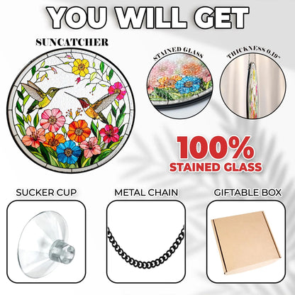 Netecom Hummingbirds Stained Glass Suncatcher – Bird Lover Window Hanging, Wildflower Glass Art, Nature Lover Gift, Vibrant Bird Window Decor