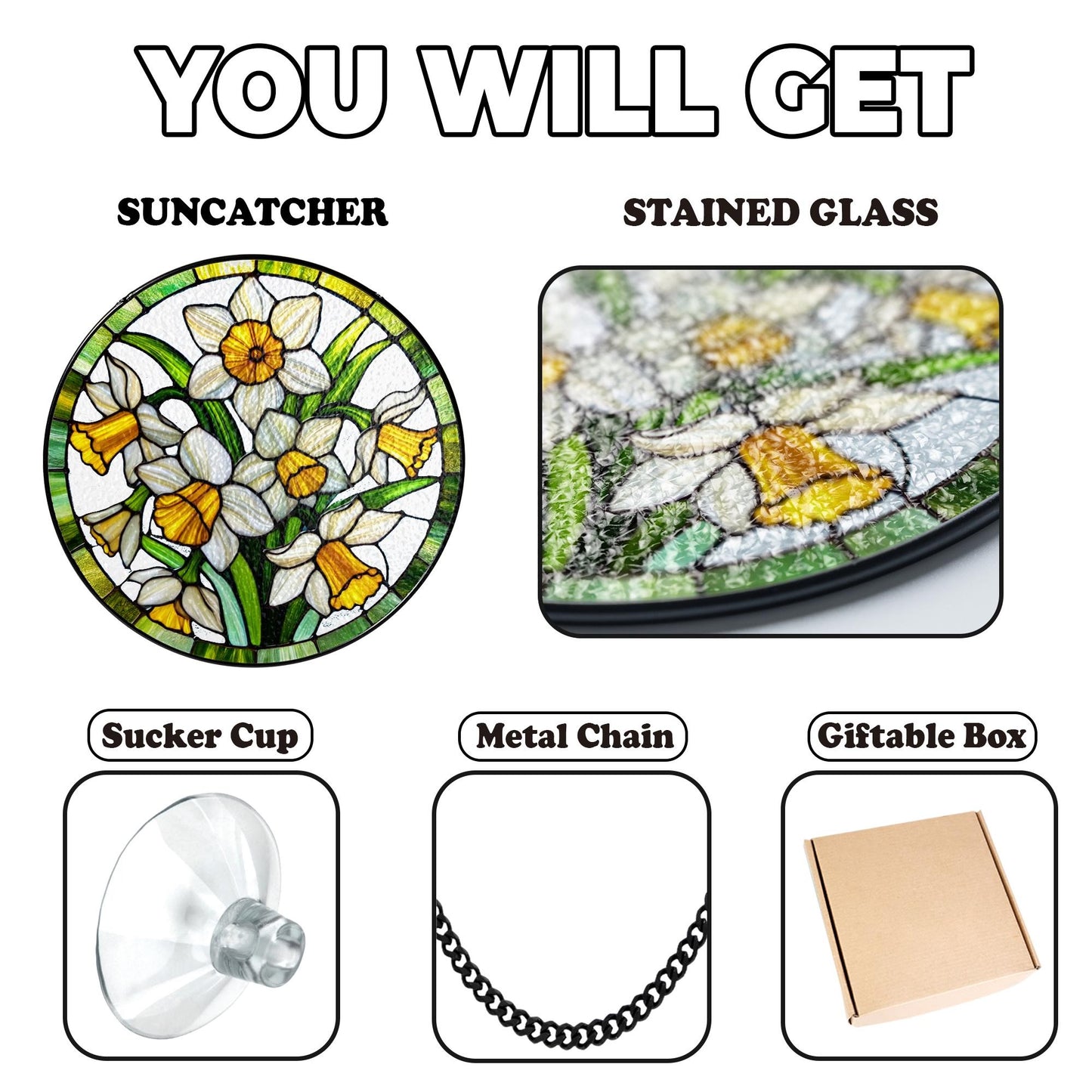 Netecom Daffodil Stained Glass Suncatcher – March Birth Flower Window Hanging, Garden Lover Gift, Floral Home Decor for Grandma Mom