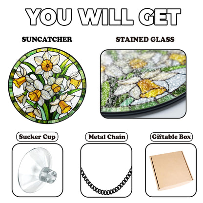 Netecom Daffodil Stained Glass Suncatcher – March Birth Flower Window Hanging, Garden Lover Gift, Floral Home Decor for Grandma Mom