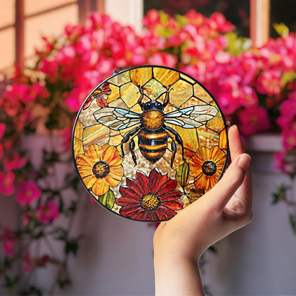 Netecom Bee and Flower Stained Glass Suncatcher – Honeycomb Window Hanging, Yellow Floral Home Decor, Mother’s Day Gift for Mom and Bee Lovers