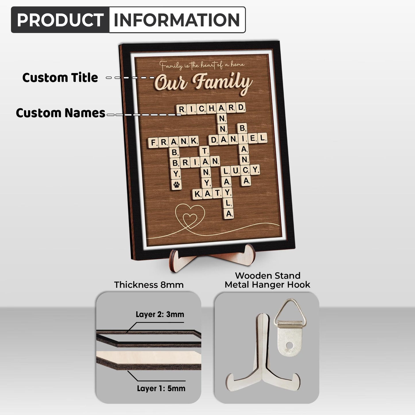 Netecom Personalized Scrabble Puzzle Family Name Sign Grandkids Crossword Wooden Frame Gift for Grandparents Parents Home Decor