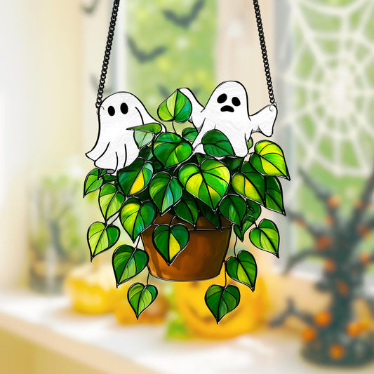 Netecom Ghost Pothos Plant Acrylic Suncatcher – Faux Stained Glass Window Hanging Decor, Plant Lover Botanical, Halloween Decor, Unique Botanical Ghost Design