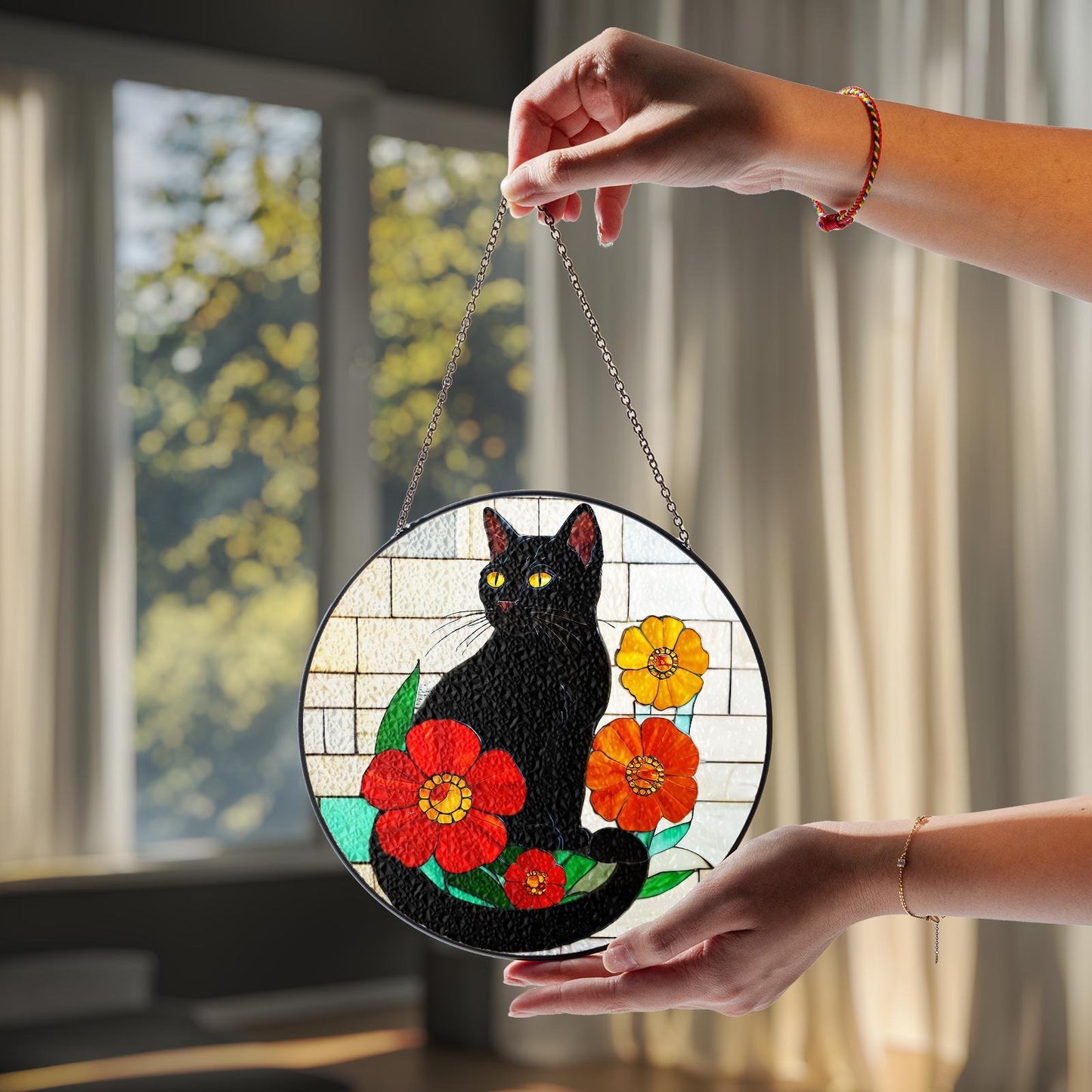 Netecom Black Cat Stained Glass Suncatcher – Cat Window Hanging Decor, Spooky Cat Art Gift for Cat Lovers, Memorial and Sympathy Gift for Mom