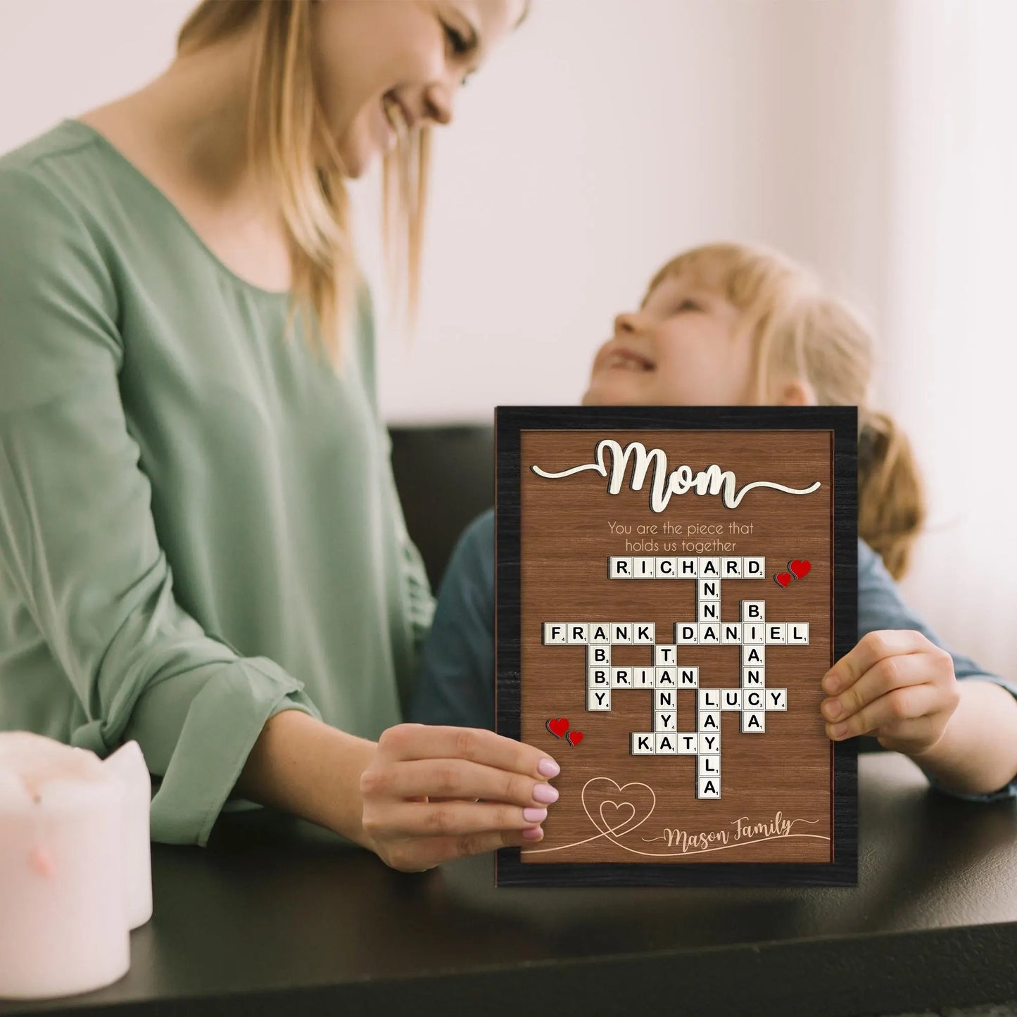 Netecom Personalized Scrabble Family Name Frame Mother's Day Gift Custom Family Crossword Puzzle Sign