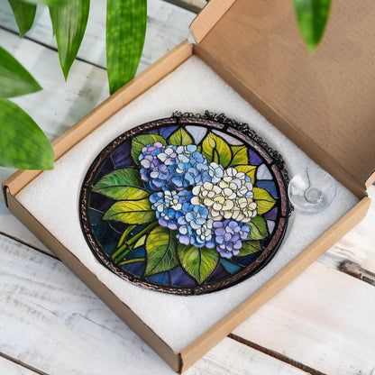 Netecom Blue Hydrangea Stained Glass Suncatcher – Floral Window Hanging, Hydrangea Garden Decor, Gift for Friends Bestie Mom Nana
