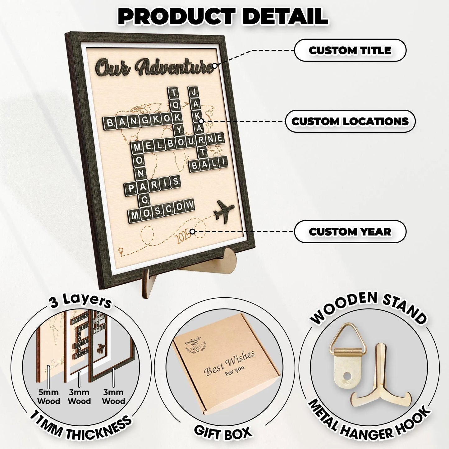Netecom Personalized Adventure Scrabble Sign Travel Destination Keepsake Board Couple’s Adventure Map Travel Lover Gift Traveling Memory Board