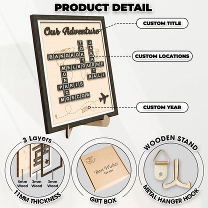 Netecom Personalized Adventure Scrabble Sign Travel Destination Keepsake Board Couple’s Adventure Map Travel Lover Gift Traveling Memory Board