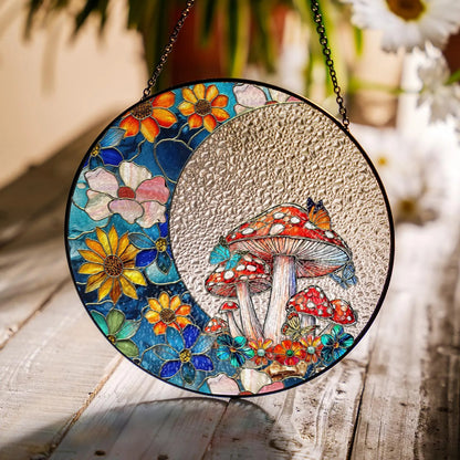 Netecom Woodland Mushroom Stained Glass Window Hanging, Floral Crescent Suncatcher, Gardening Gift, Forest Home Decor for Mom  Grandma