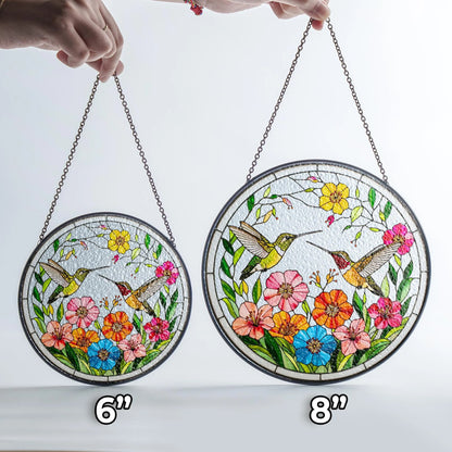 Netecom Hummingbirds Stained Glass Suncatcher – Bird Lover Window Hanging, Wildflower Glass Art, Nature Lover Gift, Vibrant Bird Window Decor
