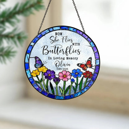 Netecom Personalized Sympathy Gift – Now She Flies With Butterflies Memorial Suncatcher, Remembrance for Loss of Mom