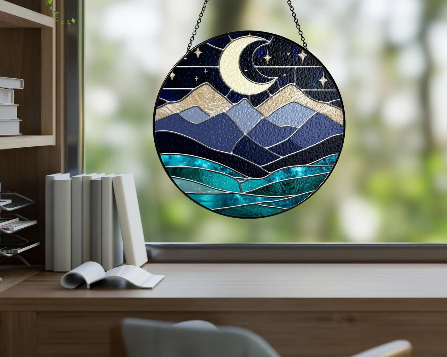 Netecom Fantasy Starlight City Stained Glass Suncatcher, Moon & Stars Window Hanging, Gift for Book Lovers, Reader Decor, Library Bookshelf Art