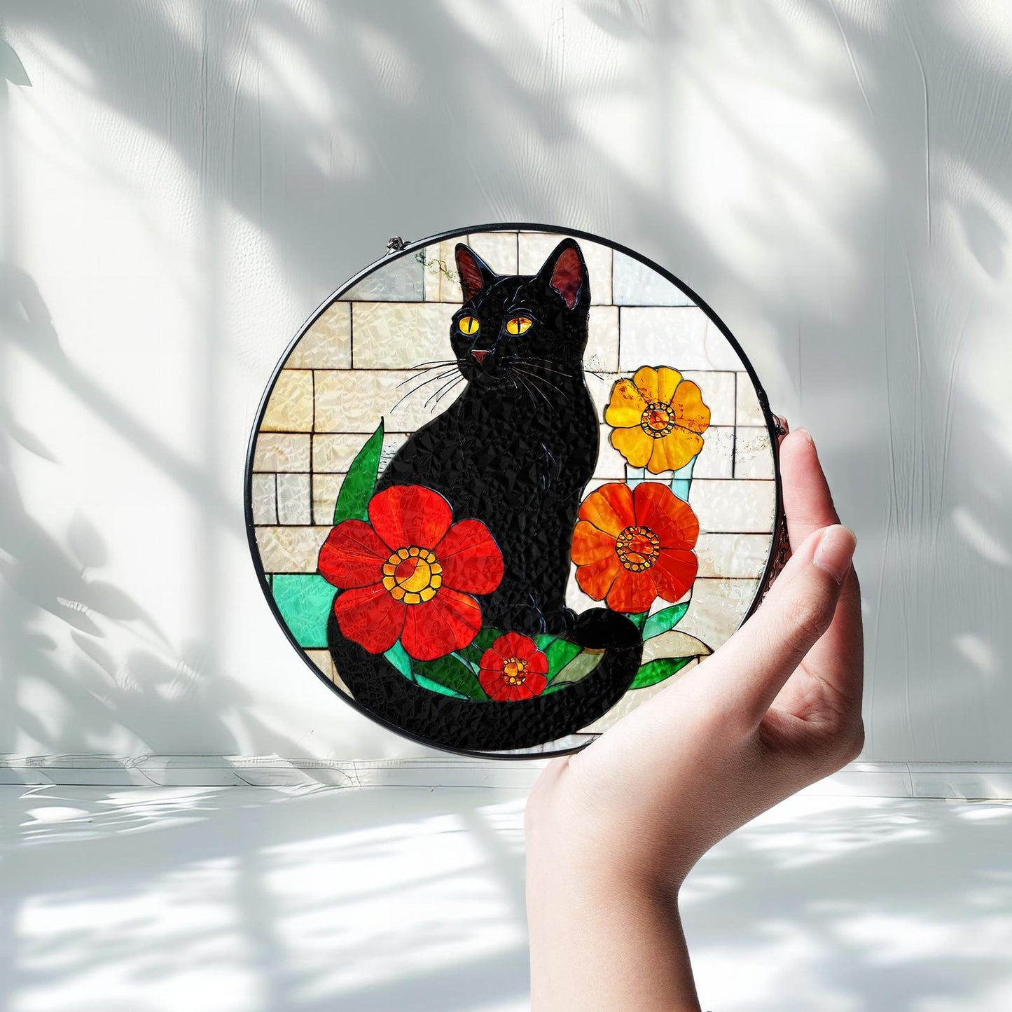 Netecom Black Cat Stained Glass Suncatcher – Cat Window Hanging Decor, Spooky Cat Art Gift for Cat Lovers, Memorial and Sympathy Gift for Mom