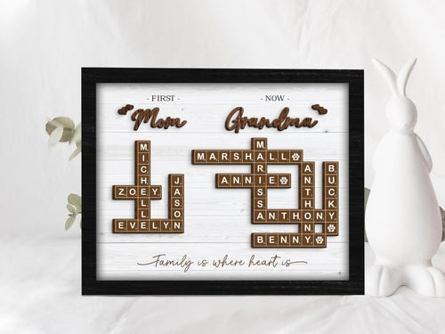 Netecom First Mom Now Grandma Scrabble Puzzle Personalized Frame Grandkids Name Keepsake Mother's Day Gift Grandma Crossword Frame