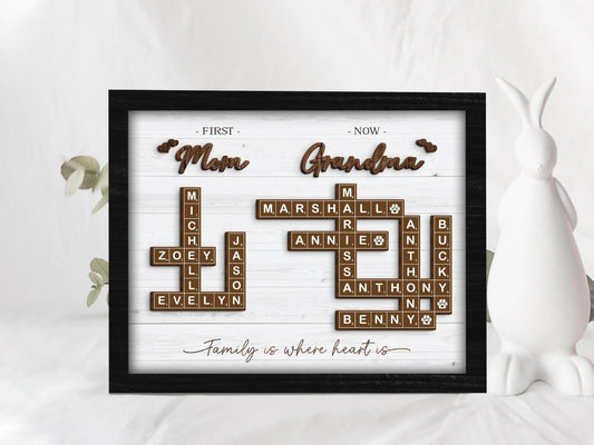 Netecom First Mom Now Grandma Scrabble Puzzle Personalized Frame Grandkids Name Keepsake Mother's Day Gift Grandma Crossword Frame
