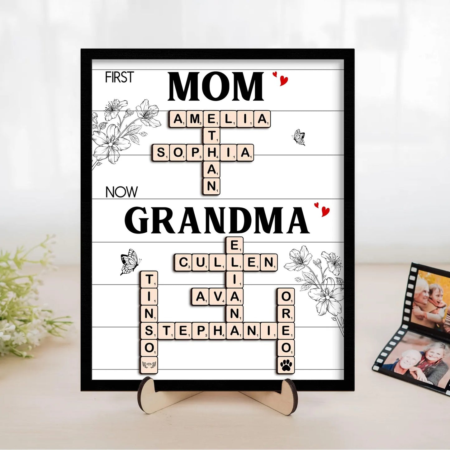 Netecom Personalized First Mom Now Grandma Crossword Puzzle Frame Family Name Scrabble Sign Custom Gift for Mom Grandkids Name Keepsake Mother's Day Gift