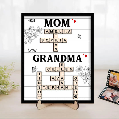 Netecom Personalized First Mom Now Grandma Crossword Puzzle Frame Family Name Scrabble Sign Custom Gift for Mom Grandkids Name Keepsake Mother's Day Gift