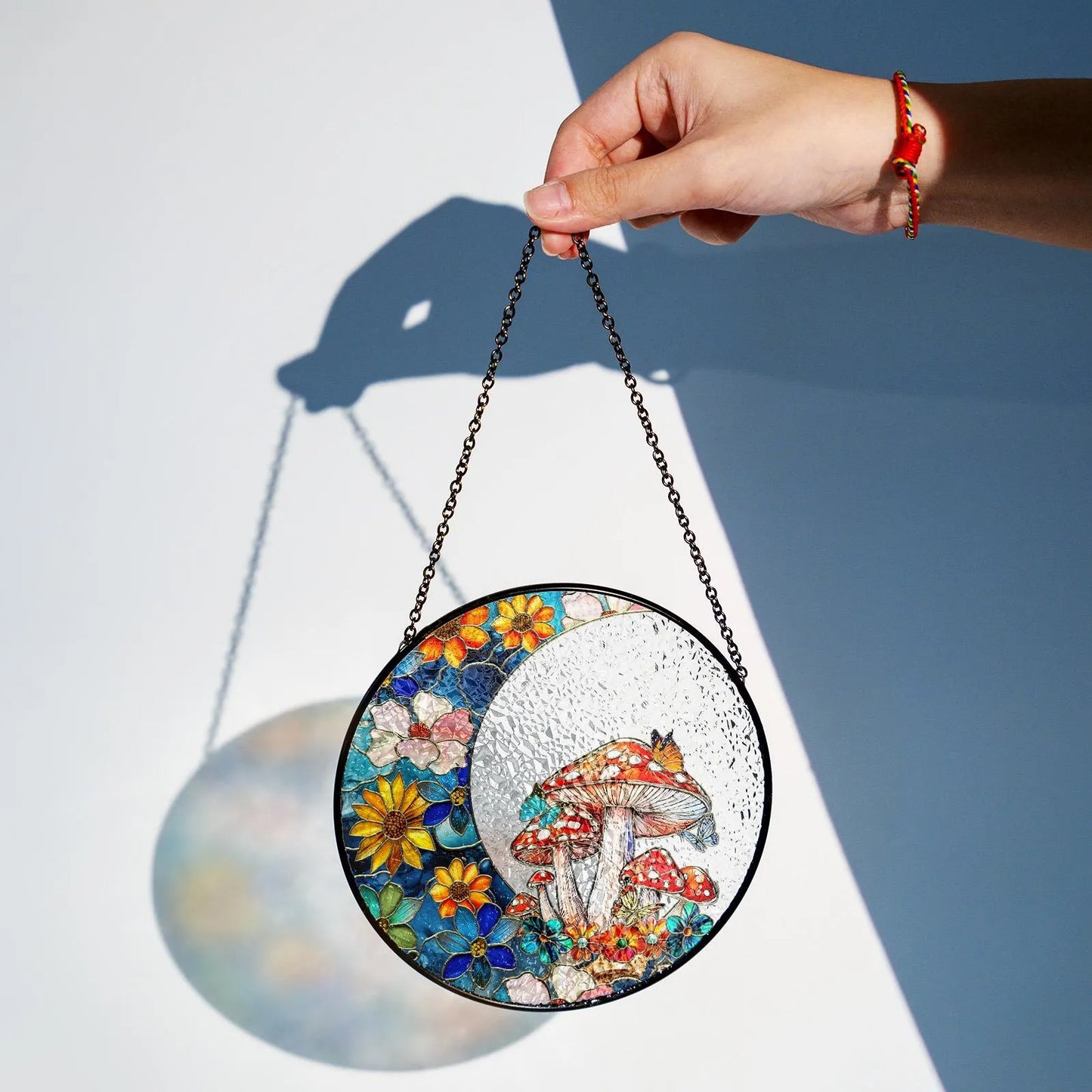 Netecom Woodland Mushroom Stained Glass Window Hanging, Floral Crescent Suncatcher, Gardening Gift, Forest Home Decor for Mom  Grandma