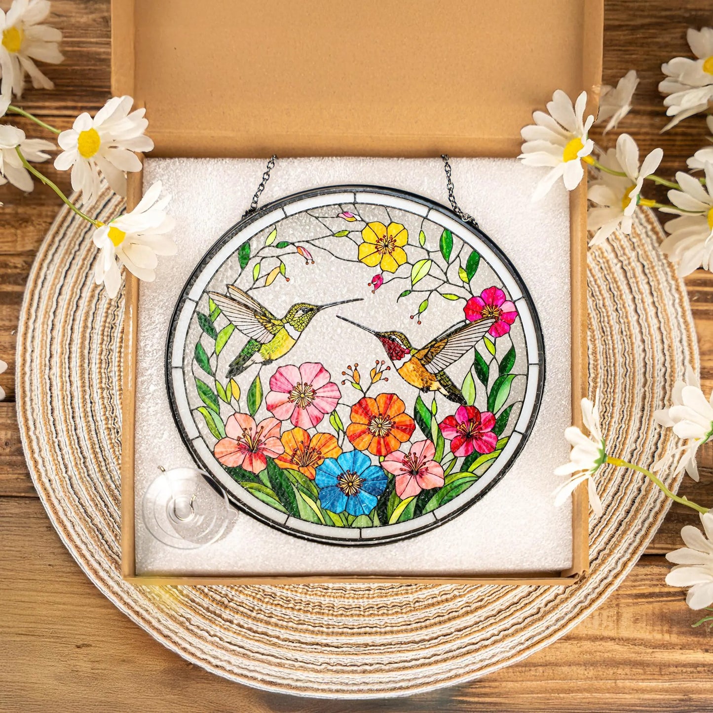 Netecom Hummingbirds Stained Glass Suncatcher – Bird Lover Window Hanging, Wildflower Glass Art, Nature Lover Gift, Vibrant Bird Window Decor