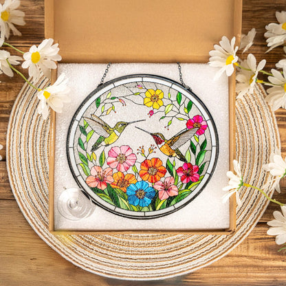 Netecom Hummingbirds Stained Glass Suncatcher – Bird Lover Window Hanging, Wildflower Glass Art, Nature Lover Gift, Vibrant Bird Window Decor
