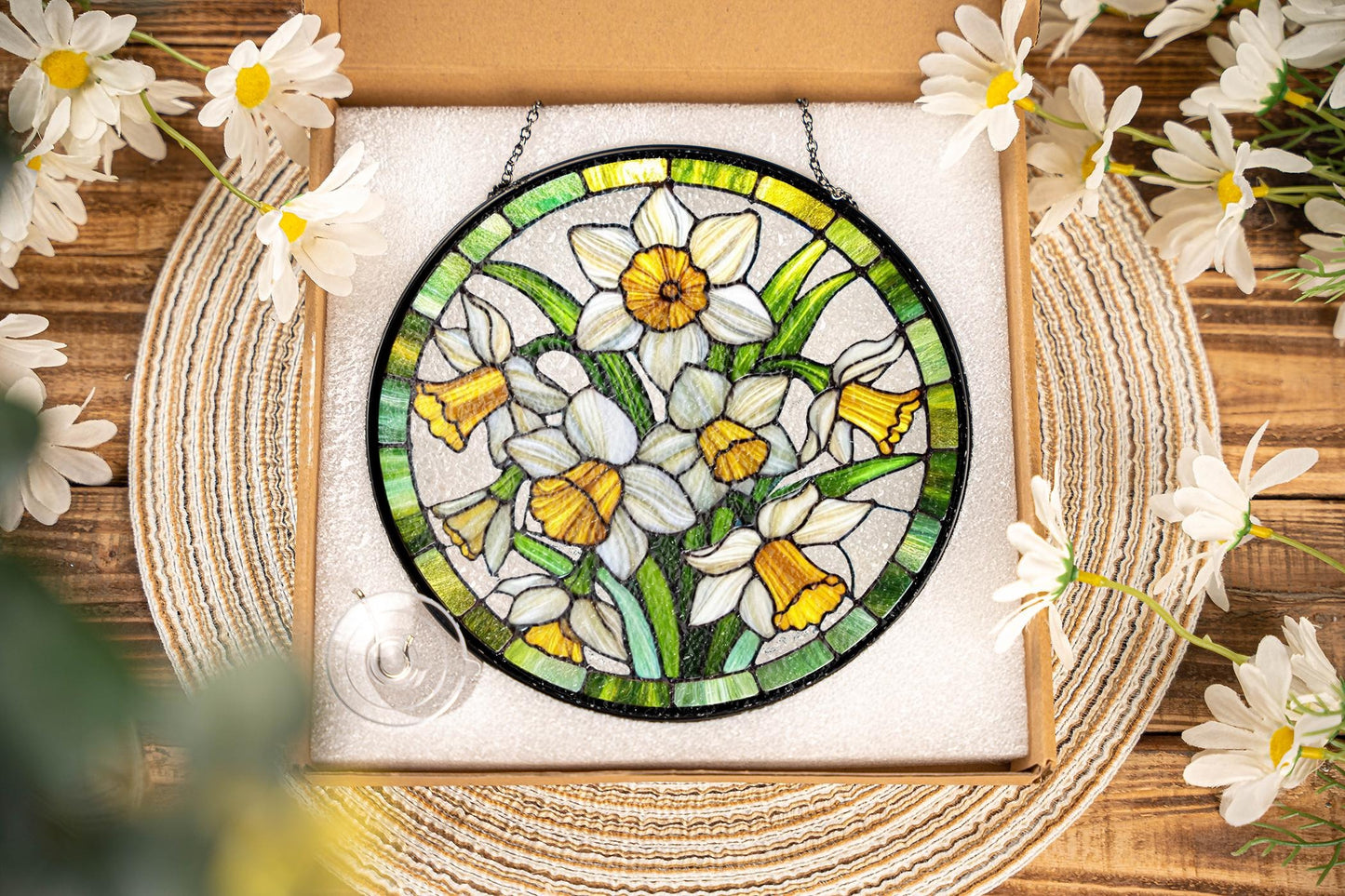 Netecom Daffodil Stained Glass Suncatcher – March Birth Flower Window Hanging, Garden Lover Gift, Floral Home Decor for Grandma Mom