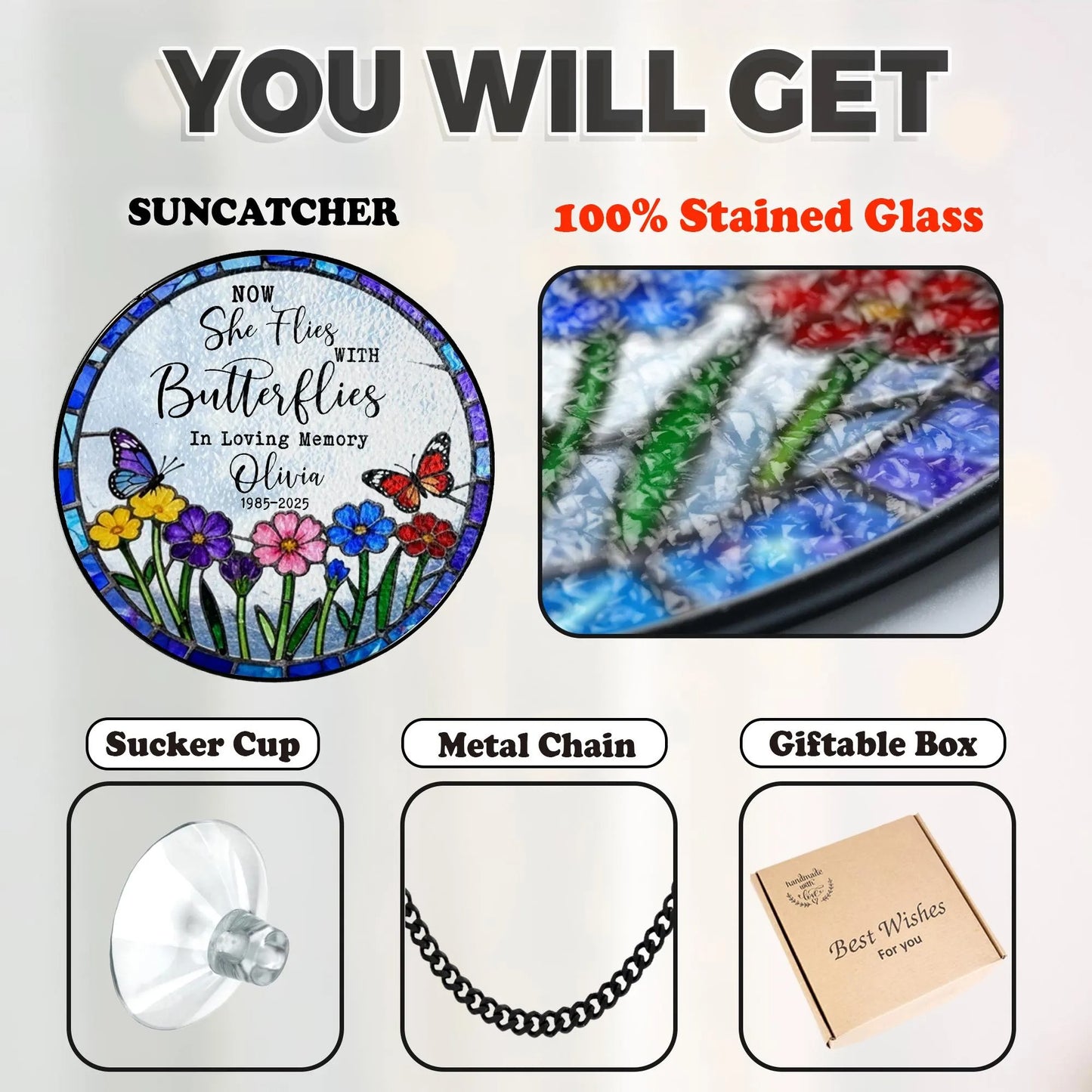 Netecom Personalized Sympathy Gift – Now She Flies With Butterflies Memorial Suncatcher, Remembrance for Loss of Mom