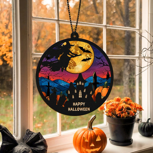 Netecom Personalized Halloween Witch Suncatcher – Witch on Broom, Spooky Window Decor, Halloween Gift for Her, Witchy Ornament