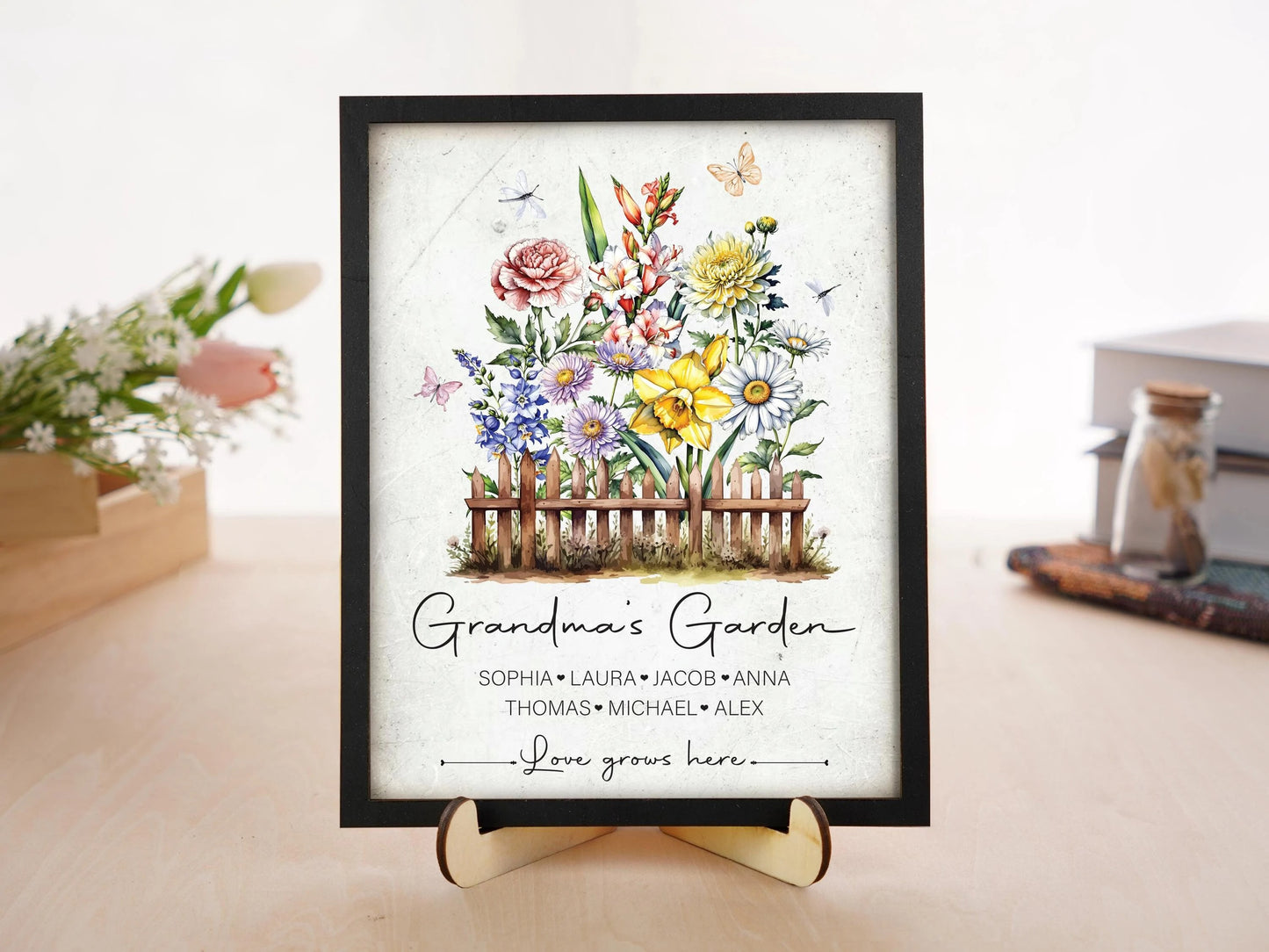 Netecom Personalized Grandma Garden Wooden Frame Birth Month Flower Sign Custom Nana Gift Mother’s Day Wall Art Keepsake