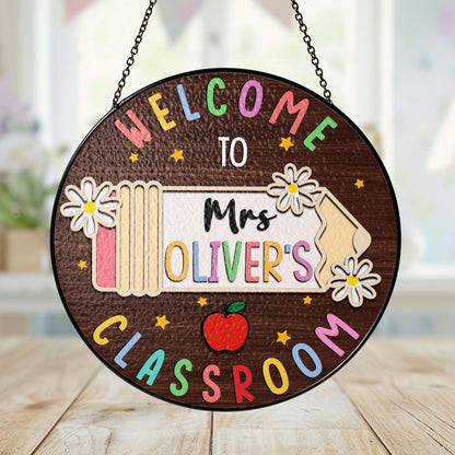 Netecom Personalized Teacher Stained Glass Suncatcher - Custom Classroom Decor, Teacher Appreciation Gift, Window Hanging Sign