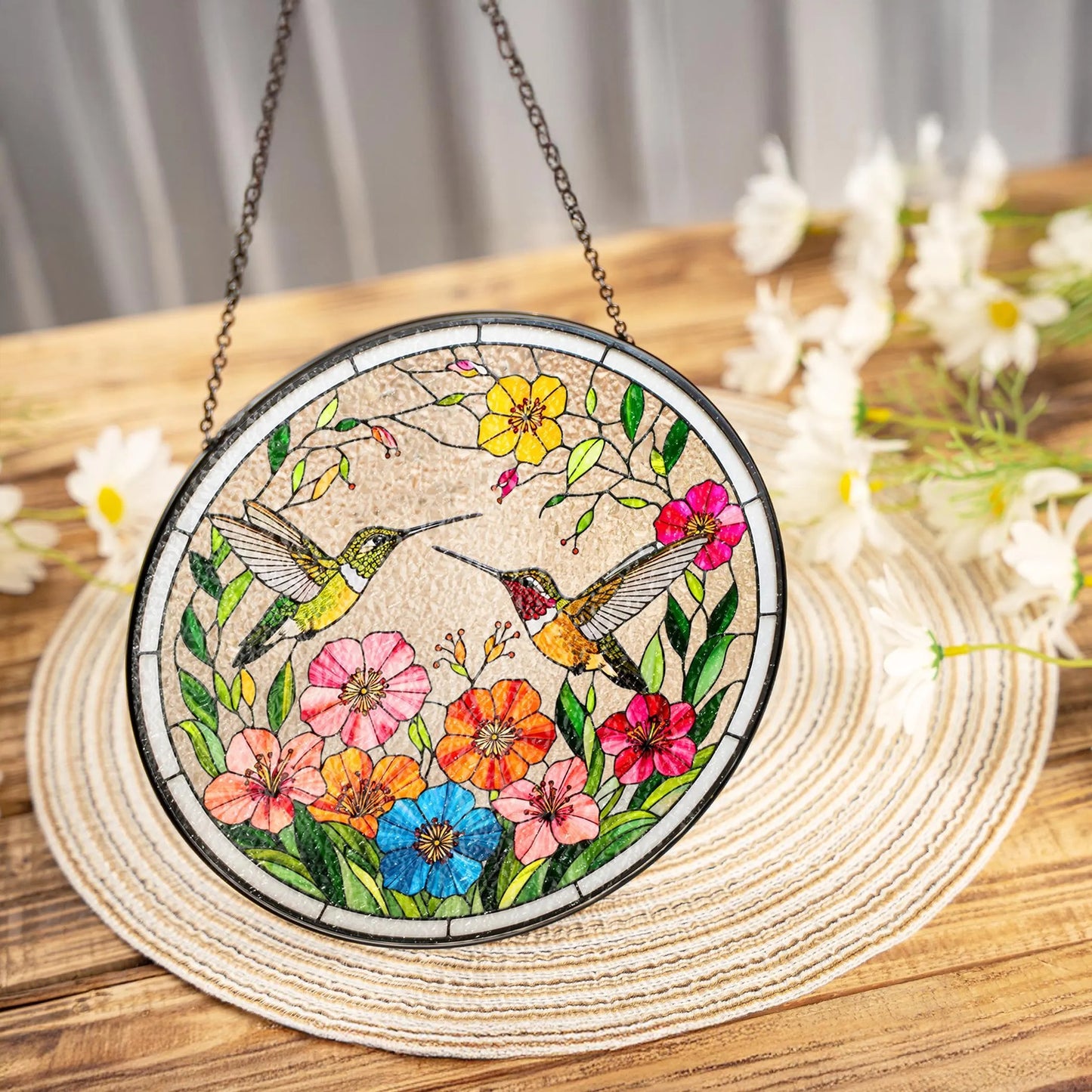 Netecom Hummingbirds Stained Glass Suncatcher – Bird Lover Window Hanging, Wildflower Glass Art, Nature Lover Gift, Vibrant Bird Window Decor