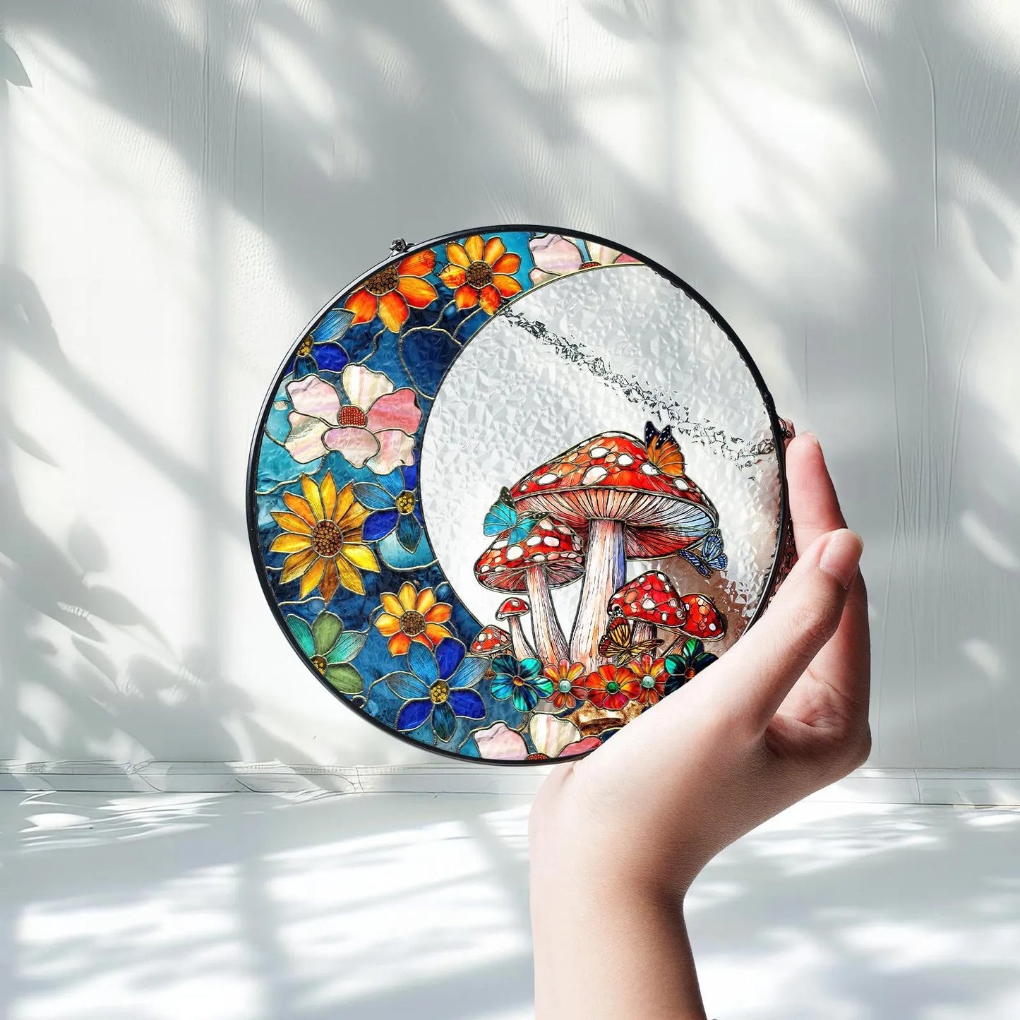 Netecom Woodland Mushroom Stained Glass Window Hanging, Floral Crescent Suncatcher, Gardening Gift, Forest Home Decor for Mom  Grandma