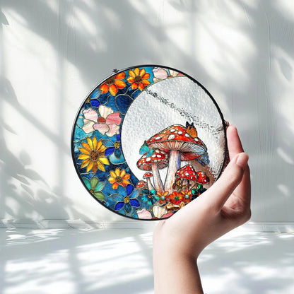 Netecom Woodland Mushroom Stained Glass Window Hanging, Floral Crescent Suncatcher, Gardening Gift, Forest Home Decor for Mom  Grandma