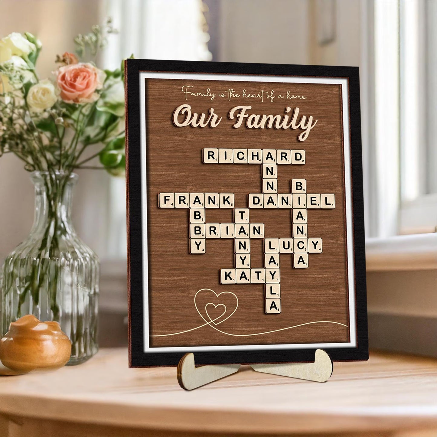 Netecom Personalized Scrabble Puzzle Family Name Sign Grandkids Crossword Wooden Frame Gift for Grandparents Parents Home Decor
