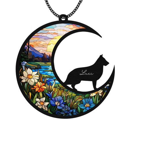 Netecom Personalized German Shepherd Suncatcher – Acrylic Stained Glass Dog on Moon, Pet Loss Sympathy Gift, Memorial Window Hanging, Remembrance Gift for Dog Lovers