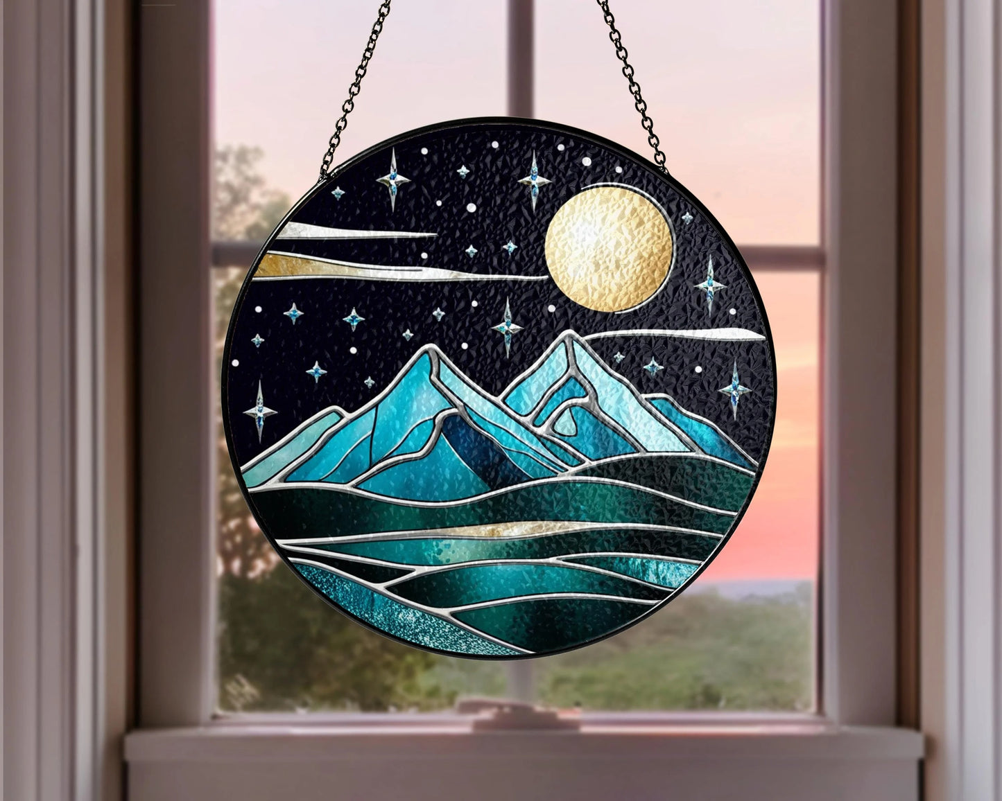 Netecom Fantasy Starlight City Stained Glass Suncatcher, Moon & Stars Window Hanging, Gift for Book Lovers, Reader Decor, Library Bookshelf Art