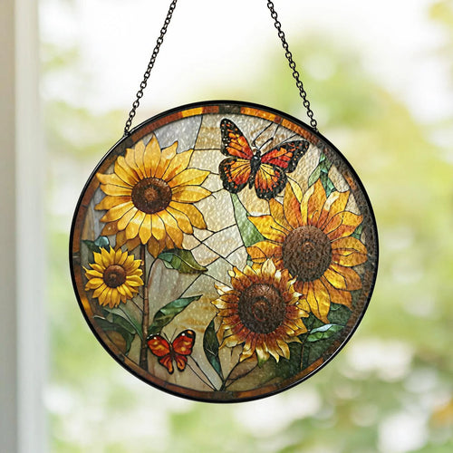 Netecom Monarch Butterflies & Sunflowers Stained Glass Suncatcher – Butterfly Window Hanging, Light Catcher Gift for Mom Grandma Women